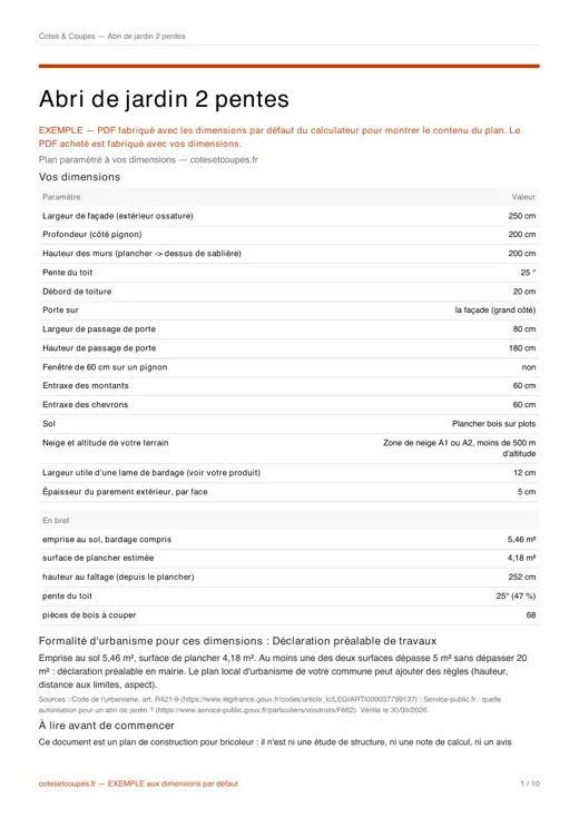 Page de couverture d'un PDF d'exemple : dimensions, résumé et formalité d'urbanisme