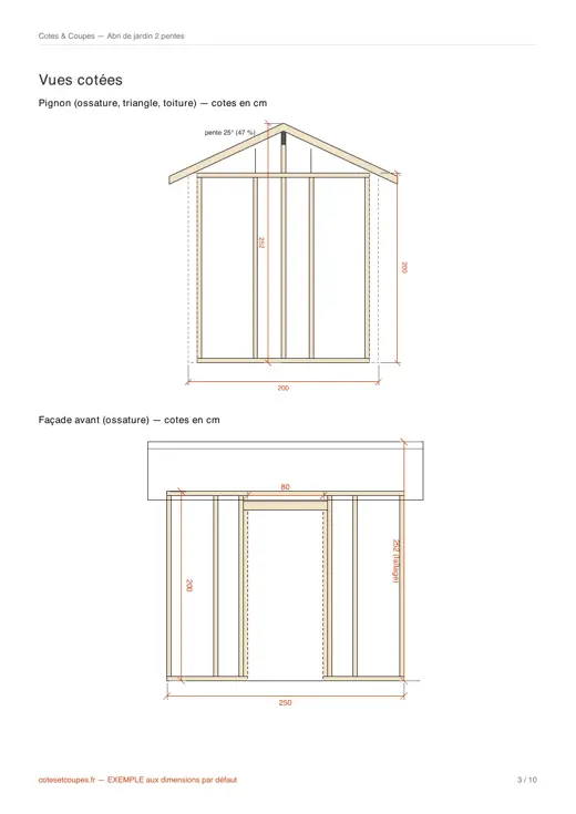 Page des vues cotées d'un PDF d'exemple : pignon et façade d'un abri 2 pentes