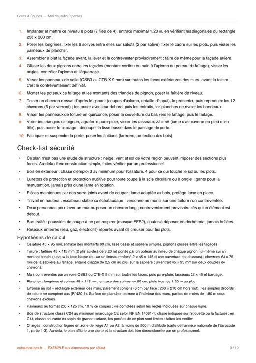 Page des étapes de construction et de la check-list sécurité d'un PDF d'exemple