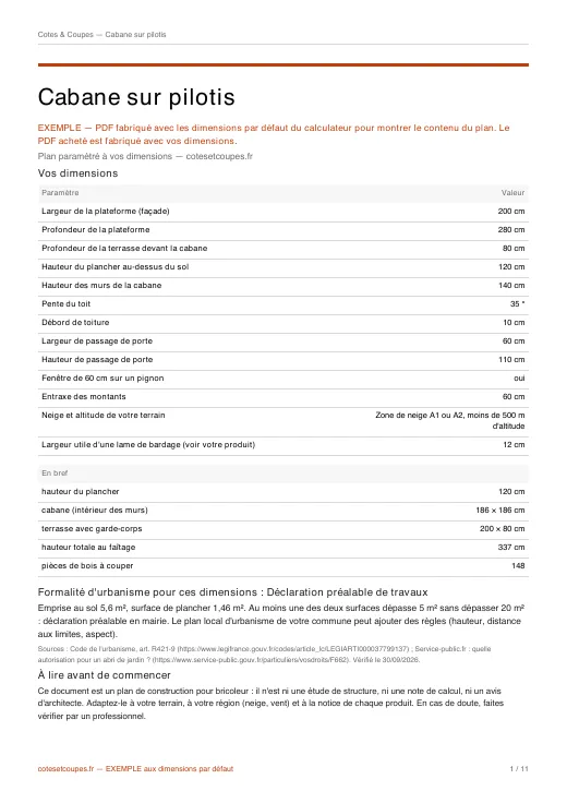 Première page d'un PDF d'exemple (cabane sur pilotis) : dimensions, résumé et formalité d'urbanisme