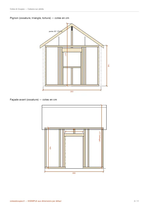 Page des vues cotées d'un PDF d'exemple (cabane sur pilotis)