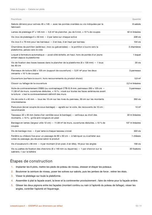Page des étapes de construction et de la check-list sécurité d'un PDF d'exemple (cabane sur pilotis)