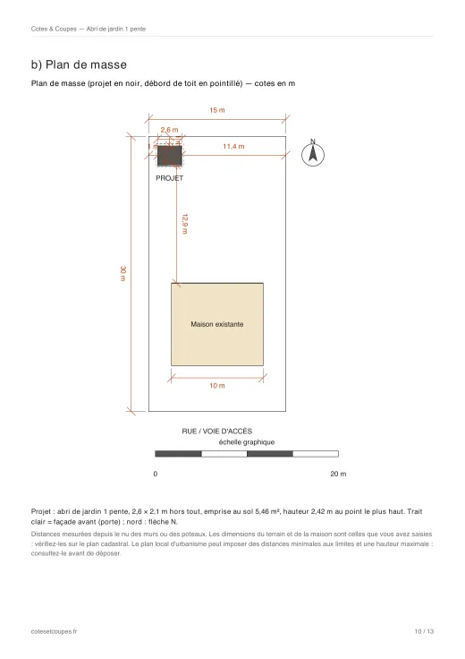 Page du plan de masse d un dossier réel fabriqué par le site : terrain de 15 × 30 m, maison, abri 2,6 × 2,1 m, distances aux limites, nord, échelle
