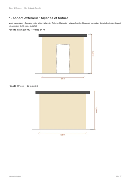 Page des façades et de la toiture cotées du même dossier, avec les matériaux déclarés