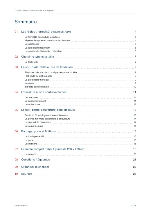 Sommaire du guide « Construire son abri de jardin : règles, sol, ossature, toit »