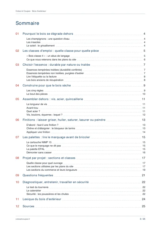 Sommaire du guide « Bois d'extérieur : choisir, protéger, assembler, entretenir »