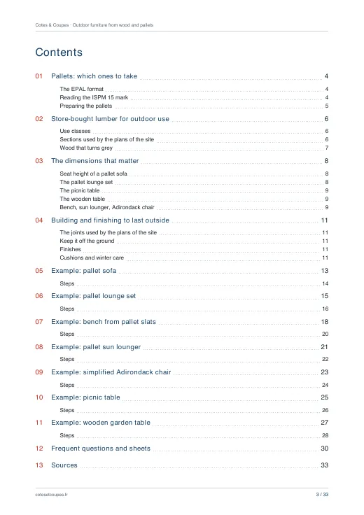 Contents of the guide “Outdoor furniture from wood and pallets: choose, build, finish”