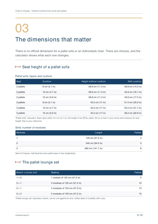 Page 8 of the guide “Outdoor furniture from wood and pallets: choose, build, finish”: seat heights of a pallet sofa