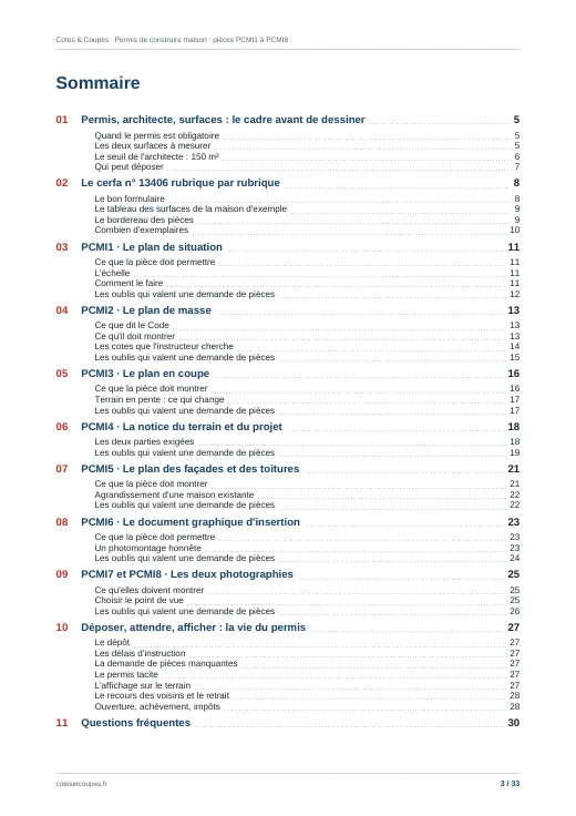 Sommaire du guide « Permis de construire d'une maison ou d'une extension : les pièces PCMI1 à PCMI8 pas à pas »