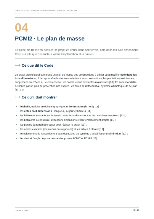 Page 13 du guide « Permis de construire d'une maison ou d'une extension : les pièces PCMI1 à PCMI8 pas à pas » : plan de masse coté de la maison d'exemple