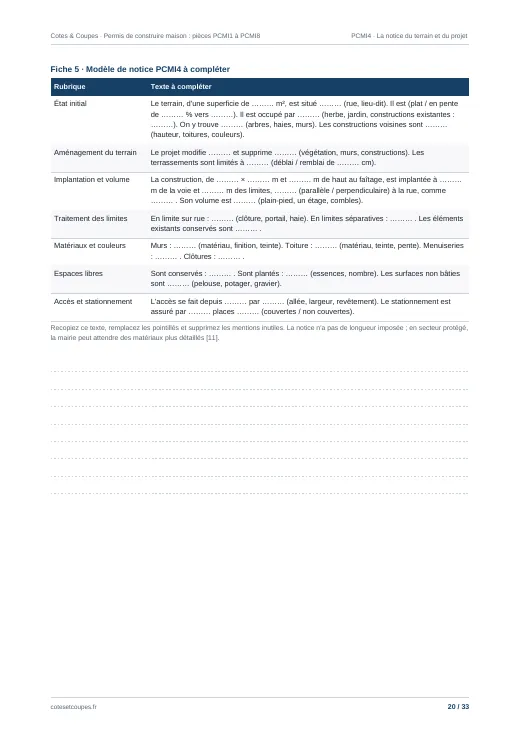 Page 20 du guide « Permis de construire d'une maison ou d'une extension : les pièces PCMI1 à PCMI8 pas à pas » : modèle de notice PCMI4 à compléter
