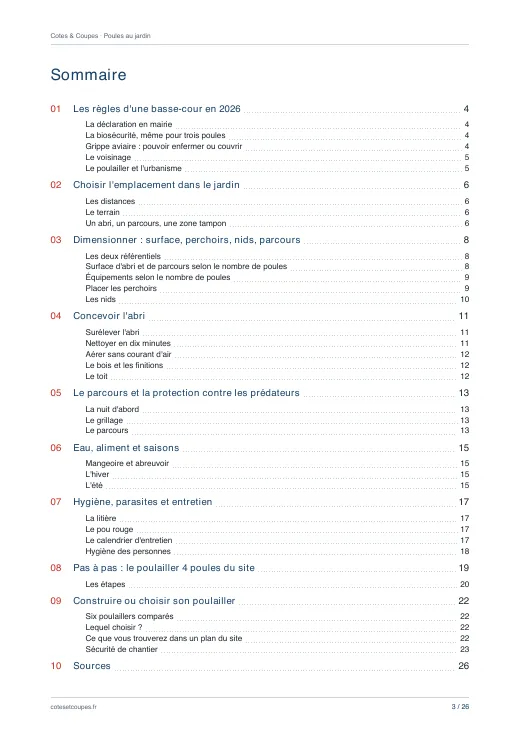 Sommaire du guide « Poules au jardin : le poulailler bien pensé »