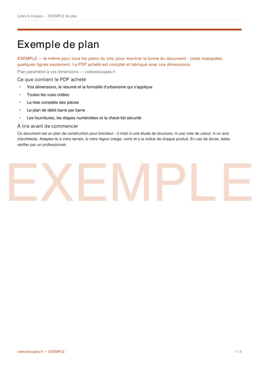 Première page du PDF d'exemple : ce que contient le PDF acheté, marqué EXEMPLE
