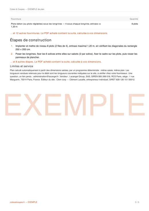 Page des pièces, du débit et des étapes du PDF d'exemple, quelques lignes seulement