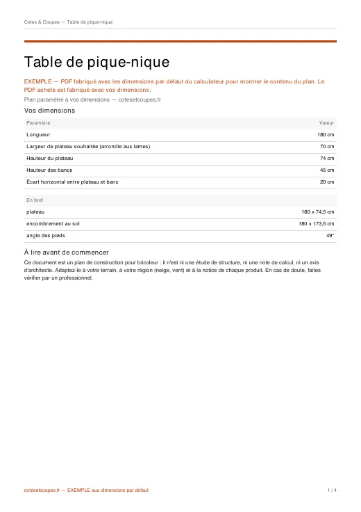 Première page d'un PDF d'exemple (table de pique-nique) : dimensions, résumé et formalité d'urbanisme