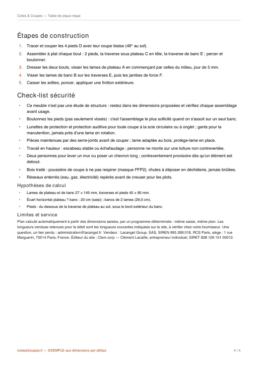 Page des étapes de construction et de la check-list sécurité d'un PDF d'exemple (table de pique-nique)