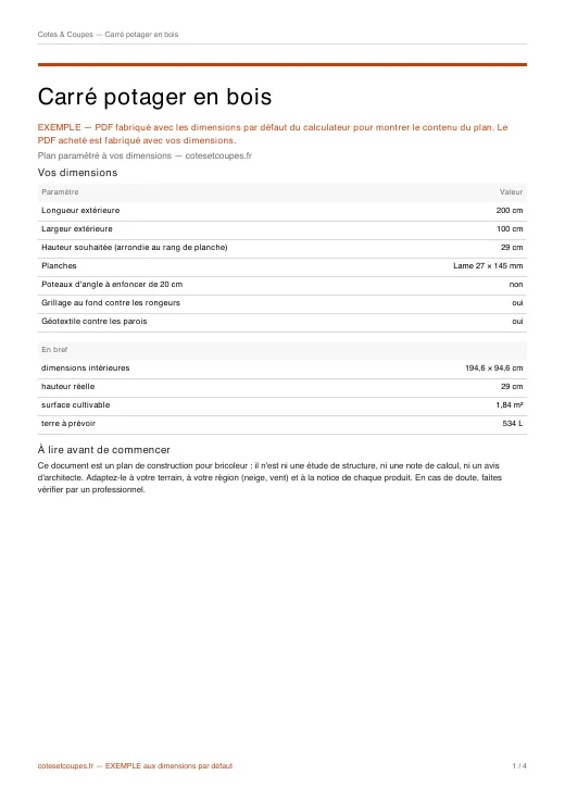 Première page d'un PDF d'exemple (carré potager en bois) : dimensions, résumé et formalité d'urbanisme