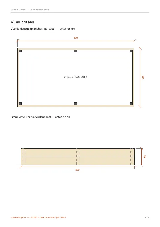 Page des vues cotées d'un PDF d'exemple (carré potager en bois)