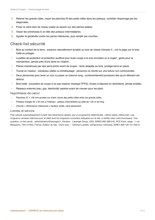 Page des étapes de construction et de la check-list sécurité d'un PDF d'exemple (carré potager en bois)