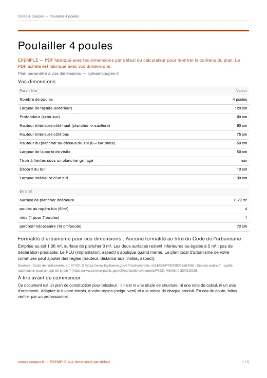 Première page d'un PDF d'exemple (poulailler 4 poules) : dimensions, résumé et formalité d'urbanisme