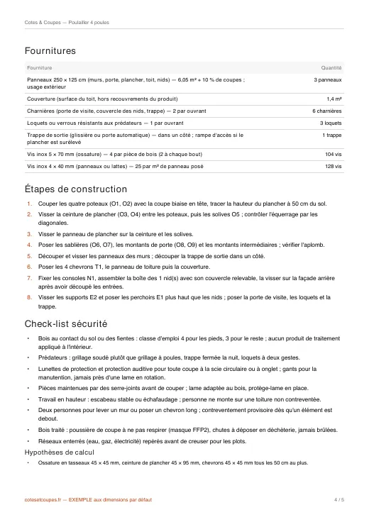 Page des étapes de construction et de la check-list sécurité d'un PDF d'exemple (poulailler 4 poules)