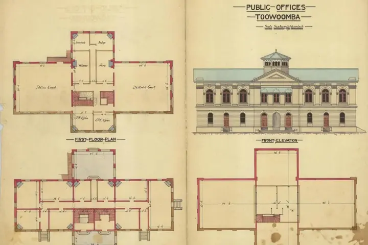 Plans d'étage et façade dessinés d'un bâtiment public de 1887, sur papier jauni